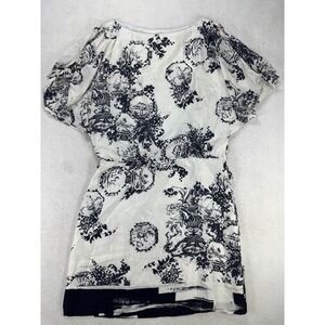 Hanii Y Silk Toile De Jouy Mini Dress White Black Side Button 40 IT 4 US